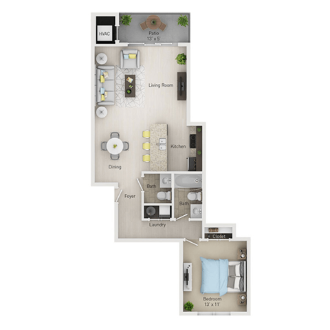 Floor plan for 1 bed, 1.5 baths, 810 sqft